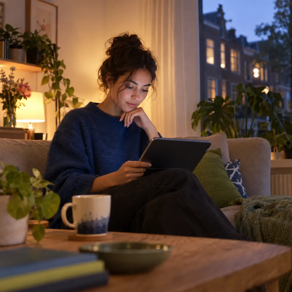 Een jonge vrouw in een donkerblauwe trui zit 's avonds op de bank met een tablet op schoot, met een mok op de salontafel