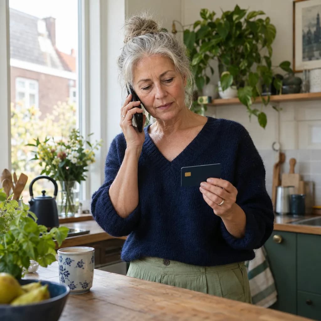Een vrouw aan het aanrecht met een telefoon aan haar oor bekijkt rustig een bankpas