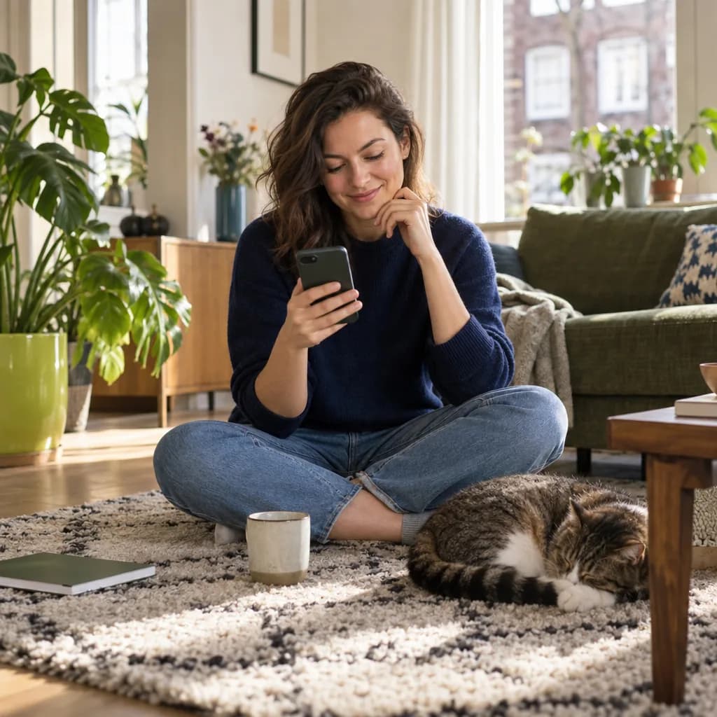 Een vrouw zit met haar telefoon op een kleed in de woonkamer, met een slapende kat naast zich
