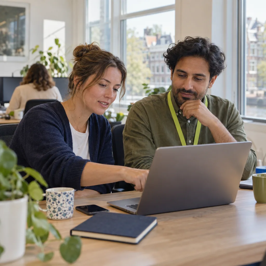 Twee collega’s aan een gedeeld bureau, de een wijst iets aan op een laptop en de ander knikt