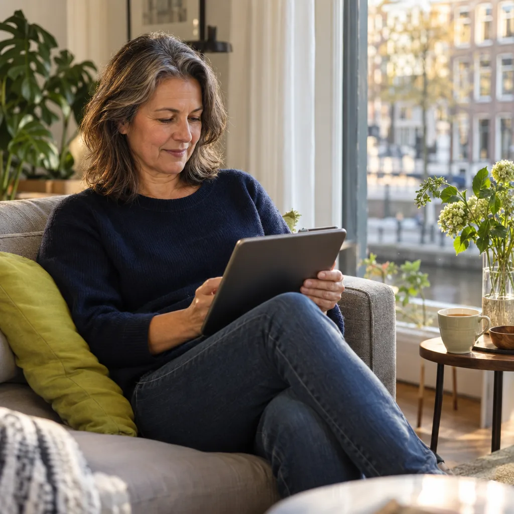 Een vrouw op een bank bij het raam met een tablet op schoot en een kop thee naast zich
