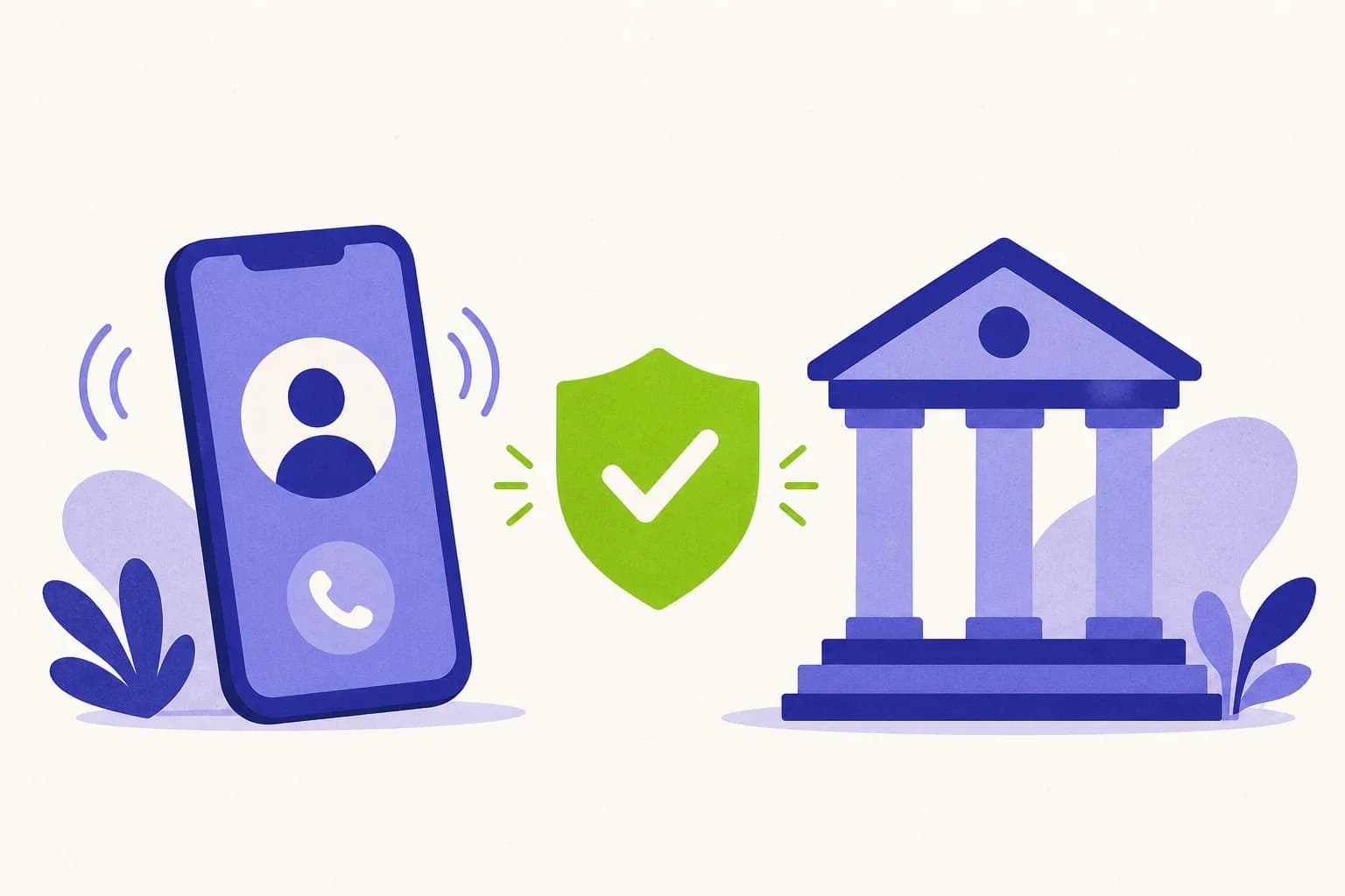 Links een rinkelende telefoon met een onbekende beller, rechts een bankgebouw, ertussen een schild met een vinkje