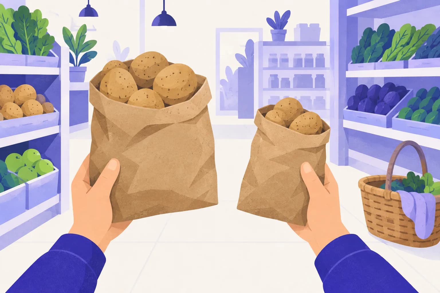 Twee handen houden twee zakken aardappelen van verschillende grootte naast elkaar, met een winkelmandje op de grond