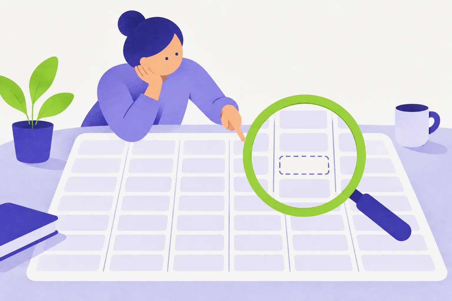 Een getekende vrouw leunt op een groot raster met lege cellen en wijst; een groen vergrootglas toont één gestippelde cel waar de gezochte waarde had moeten staan