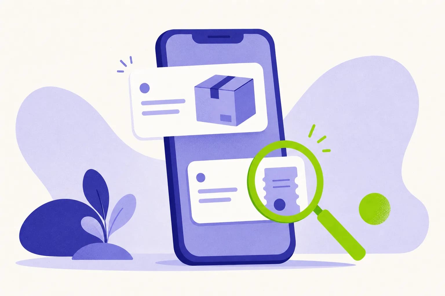 Een telefoon met twee berichtjes: het bovenste met een pakketje, het onderste onder een vergrootglas