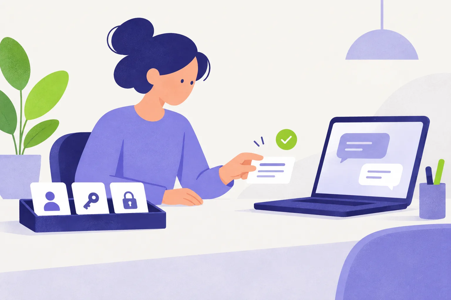 Een getekende vrouw aan een bureau schuift een kaartje met lijntjes naar een laptop met een chatvenster; kaartjes met een persoon, een sleutel en een slot blijven in een bakje
