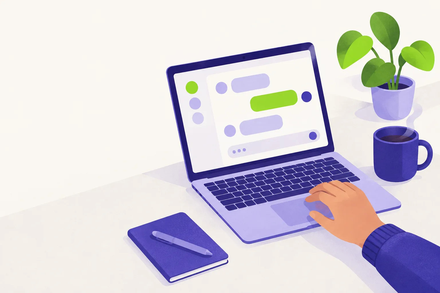 Een getekende laptop met een leeg chatvenster van paarse en groene vlakken, en een hand die net gaat typen