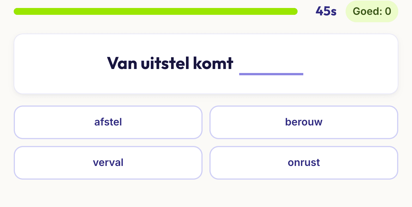 De Spreekwoordenrace met een onafgemaakt spreekwoord en vier antwoorden