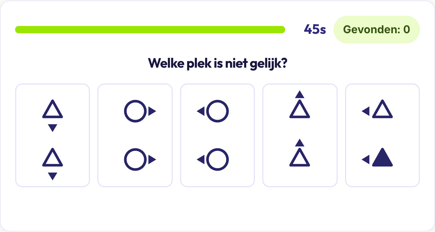 Vind het verschil met twee rijen figuren waarin één plek afwijkt