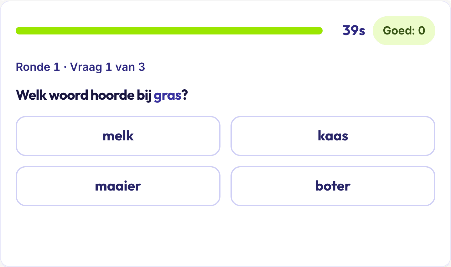Woordparen met de vraag welk woord bij het getoonde woord hoorde en vier antwoorden