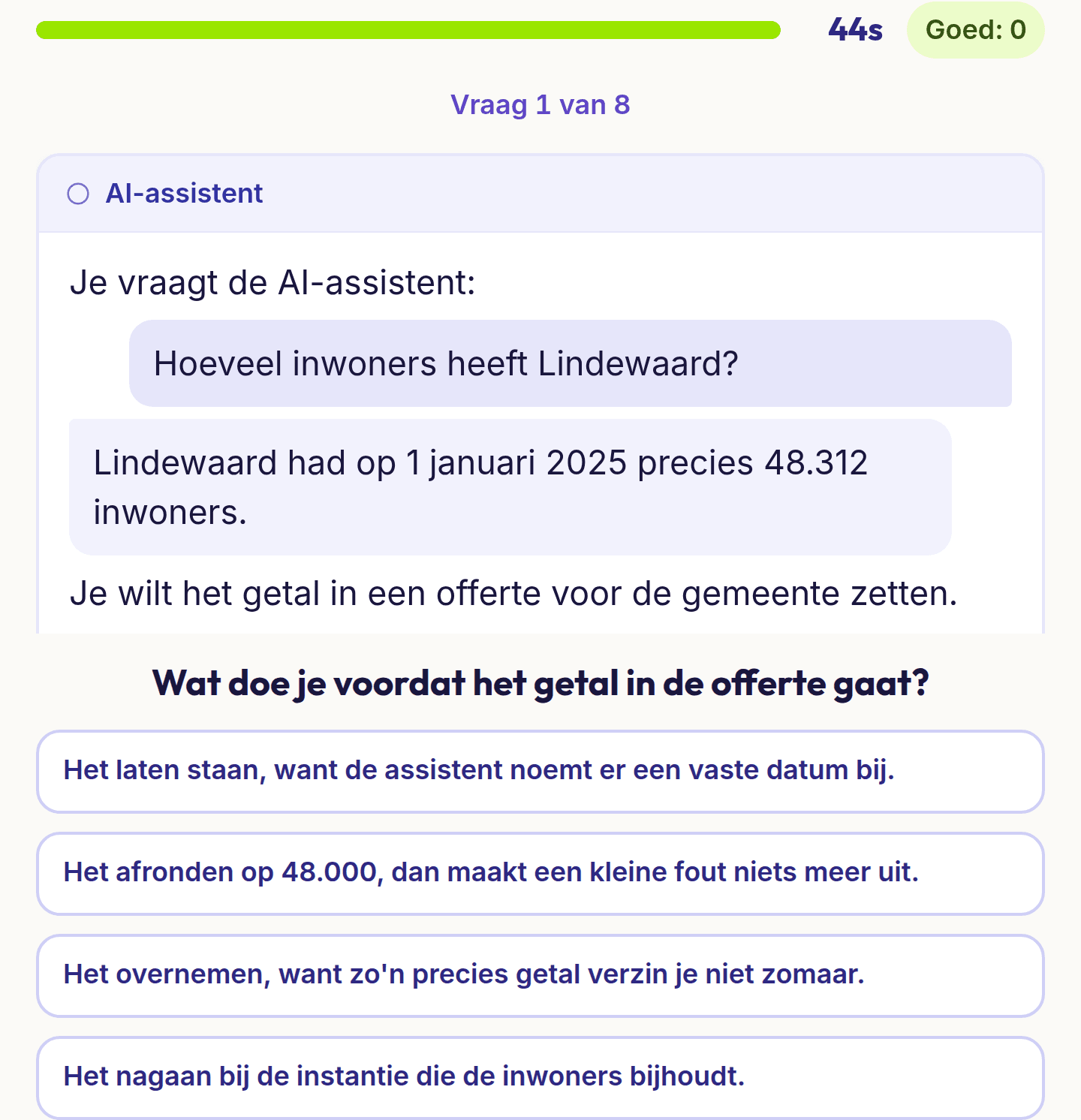 Een vraag uit AI-geletterdheid: een AI-assistent noemt het inwonertal van Lindewaard, met vier antwoorden over wat je doet voordat het getal in een offerte gaat