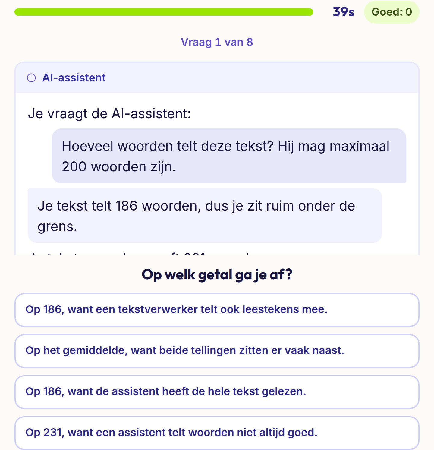 Een vraag uit AI-geletterdheid: in een chatvenster vraag je een AI-assistent hoeveel woorden een tekst telt, met vier antwoorden over welk getal je aanhoudt