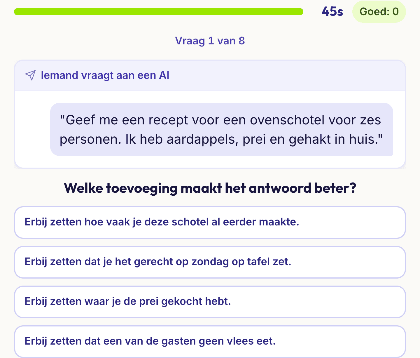 Een vraag uit de cursus slim vragen aan AI: een geciteerde vraag aan een AI met vier antwoorden