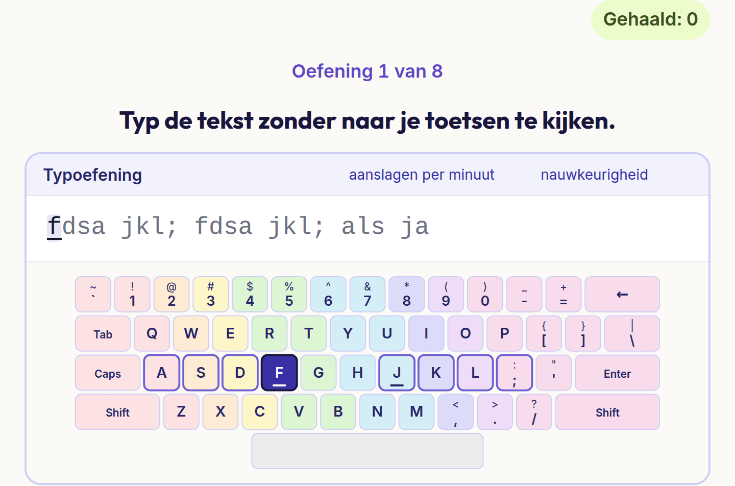 Een typeoefening uit Blind typen: een regel van de thuisrij met het toetsenbord eronder