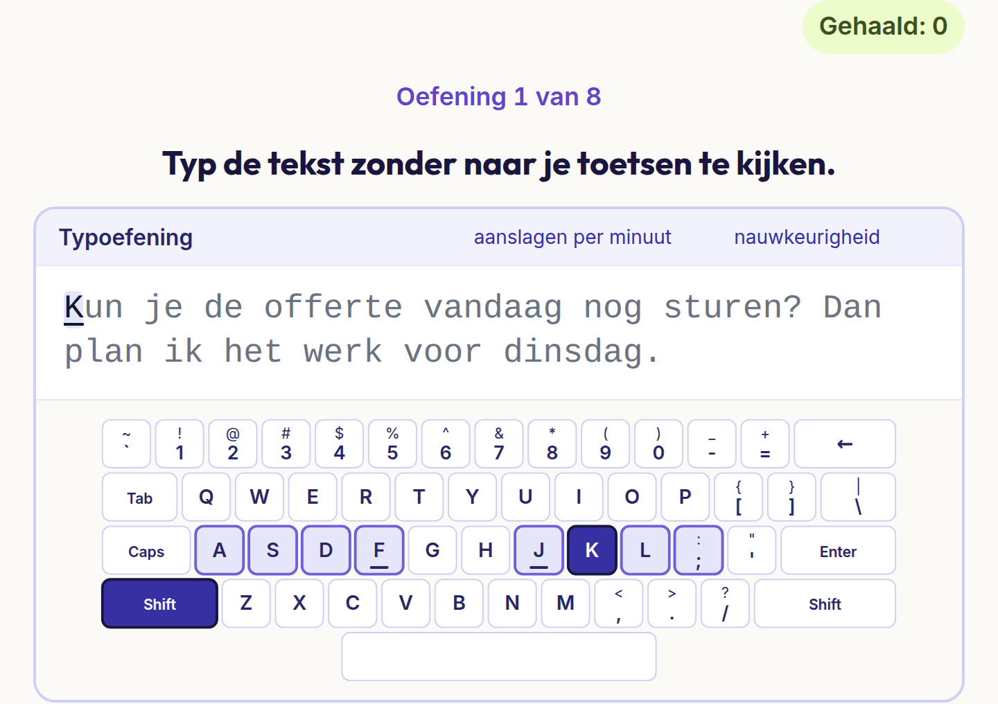 Een typeoefening uit Blind typen: een zin uit een werkmail met het toetsenbord eronder
