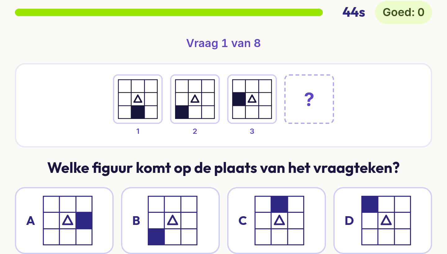 Een vraag uit de test capaciteitentest: drie rasters met een zwart vakje dat verschuift, en vier figuren om uit te kiezen