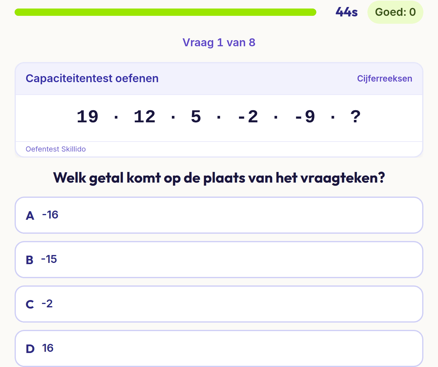 Een vraag uit de test capaciteitentest: een cijferreeks met een vraagteken en vier getallen