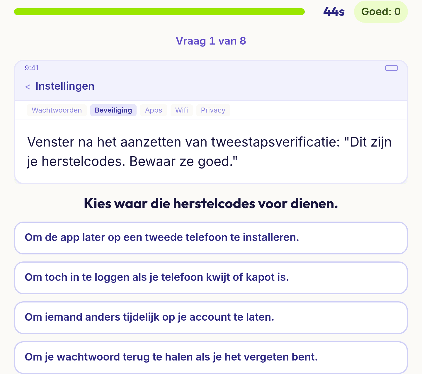 Een vraag uit Digitaal veilig: een melding over een inlogcode op een instellingenscherm en vier antwoorden