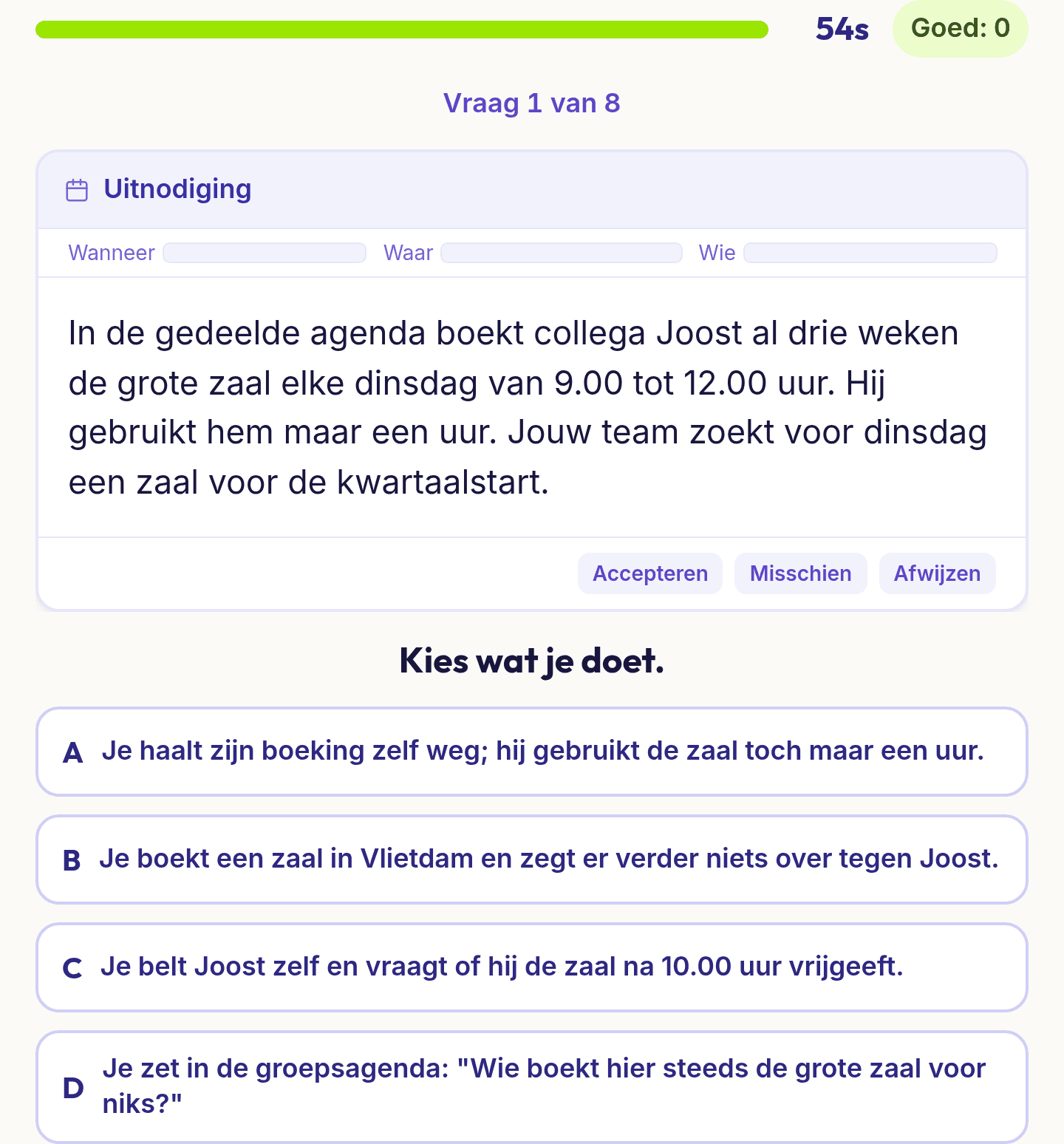 Een vraag uit Feedback geven en ontvangen: een agenda-uitnodiging en de vraag wanneer en waar je iets zegt