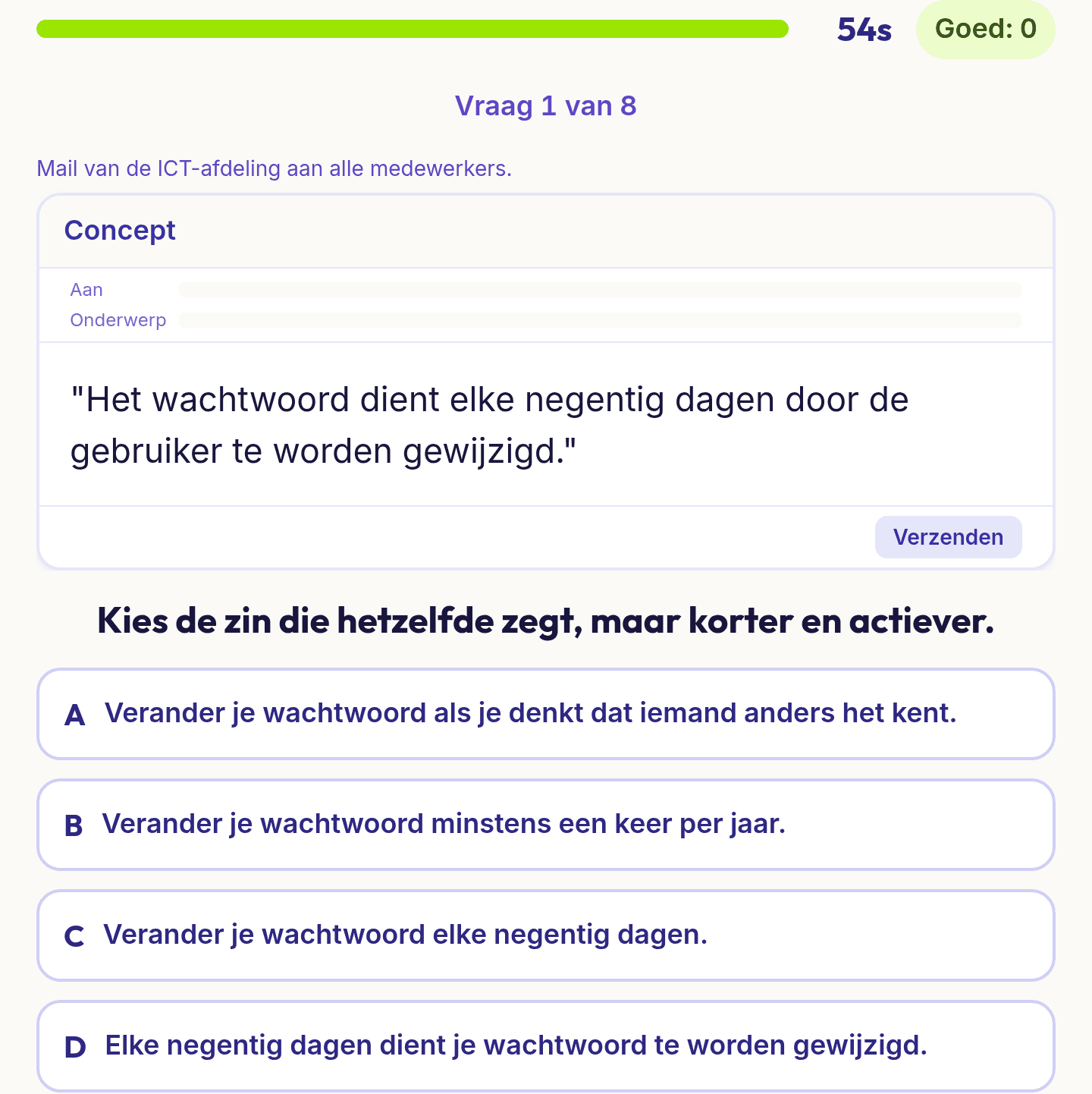 Een vraag uit Helder schrijven: een zin uit een mailconcept en vier versies om uit te kiezen