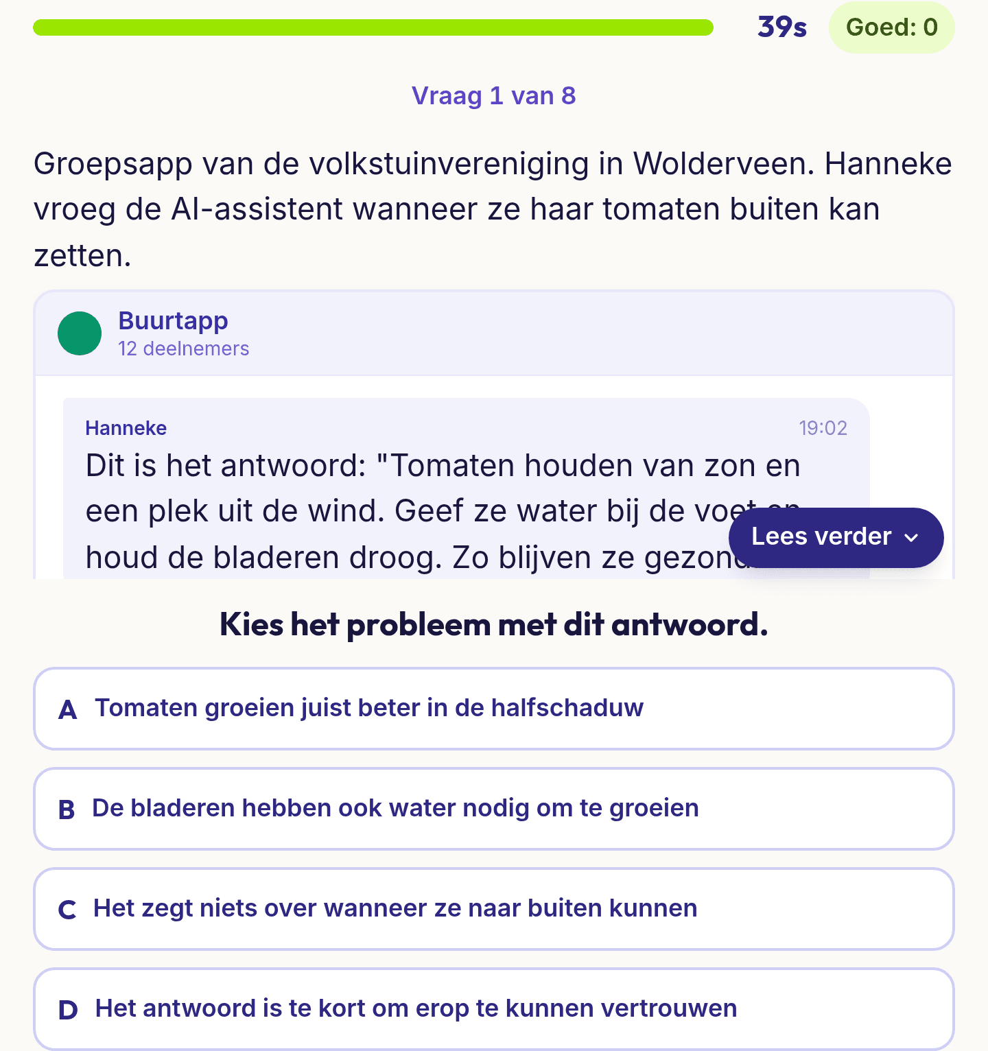Een vraag uit Kritisch denken: in een groepsapp plakt iemand een antwoord van een AI-assistent, met vier antwoorden over wat er niet klopt