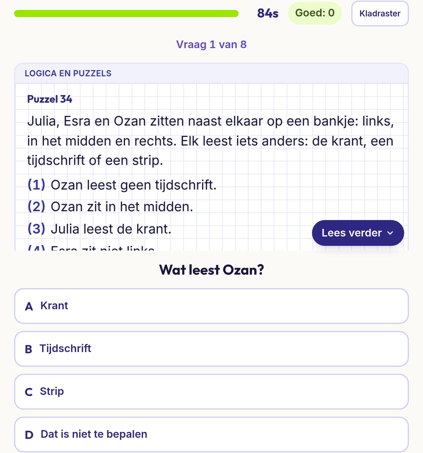 Een vraag uit Logica en puzzels: een logigram op een puzzelpagina en vier antwoorden