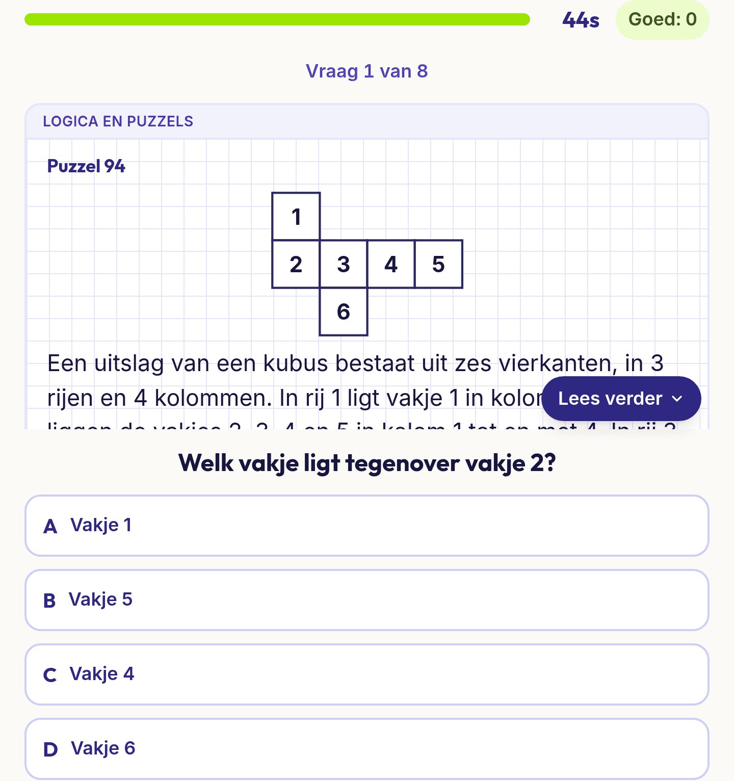 Een vraag uit Logica en puzzels: een kubusuitslag met een beschrijving en vier antwoorden