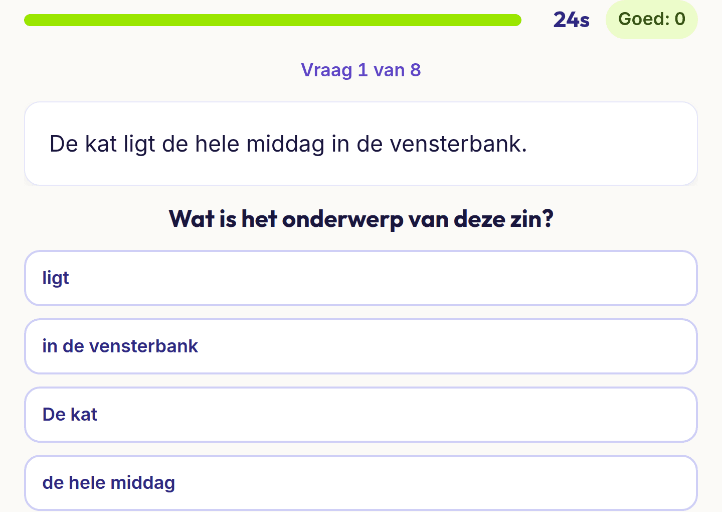Een vraag uit de test zinnen ontleden: een zin waarin je het onderwerp zoekt, met vier antwoorden