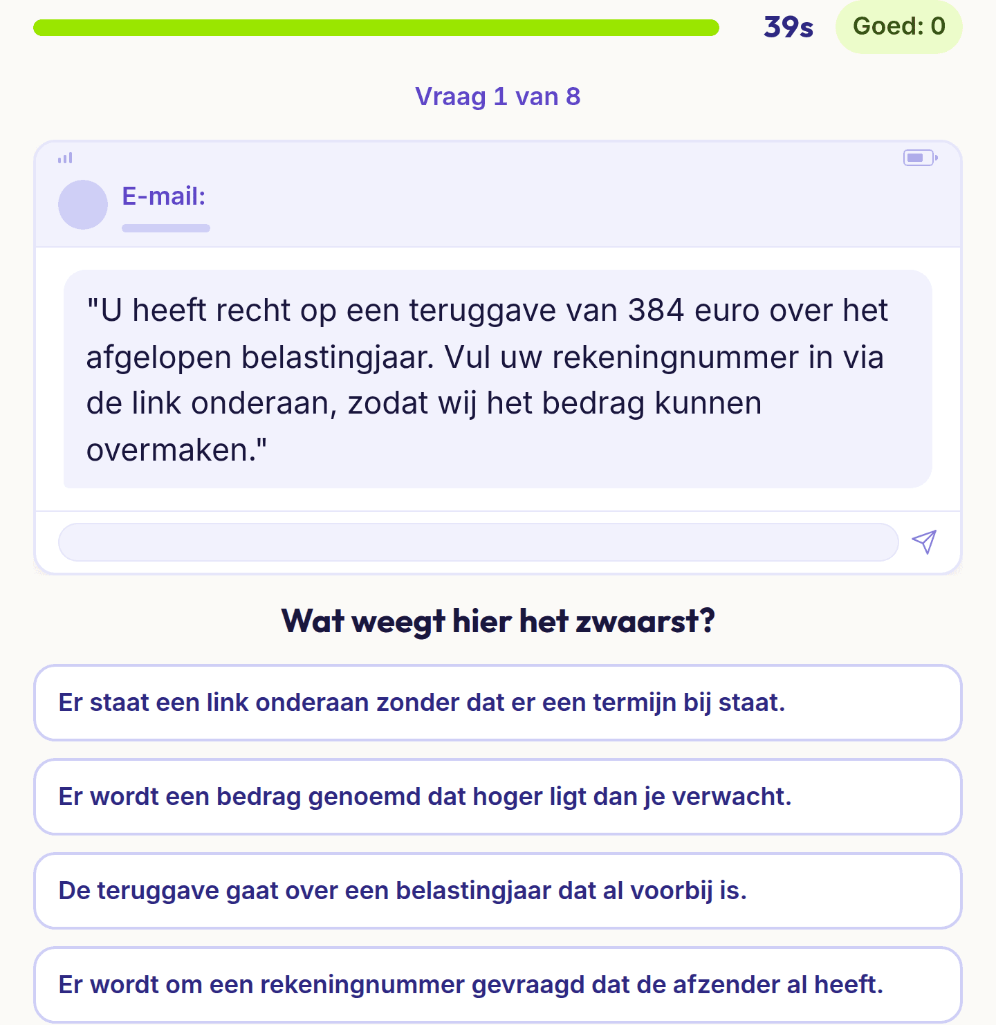 Een vraag uit de test oplichting herkennen: een binnengekomen e-mail met vier antwoorden