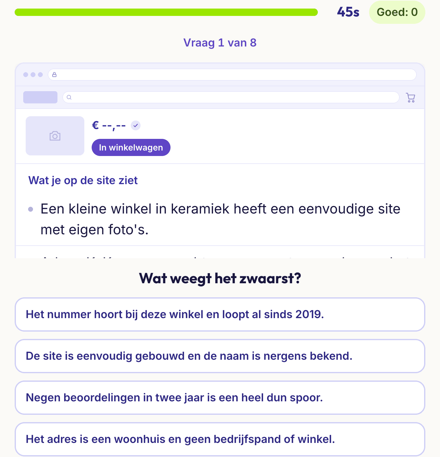 Een vraag uit de cursus oplichting herkennen: een webshopvenster met waarnemingen en vier antwoorden