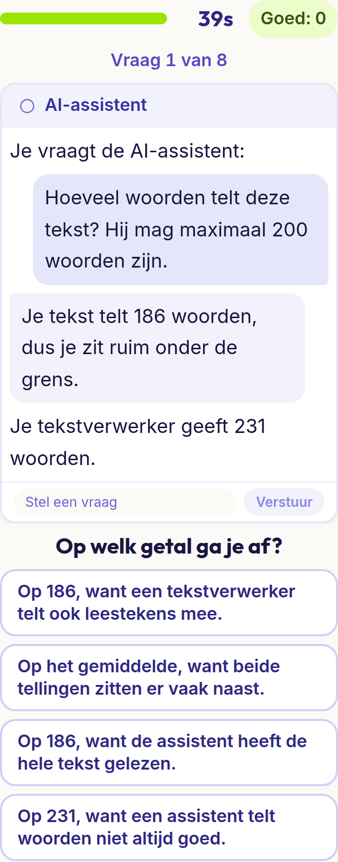 Een vraag uit AI-geletterdheid op een telefoon: een chatvenster met een vraag aan een AI-assistent, zijn antwoord en vier antwoorden om uit te kiezen