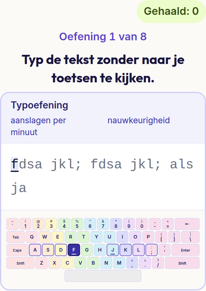 Een typeoefening uit Blind typen: het tekstvak en het toetsenbord met de thuisrij gemarkeerd