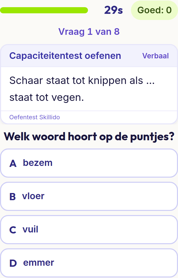 Een vraag uit capaciteitentest op een telefoon: een woordanalogie met vier woorden