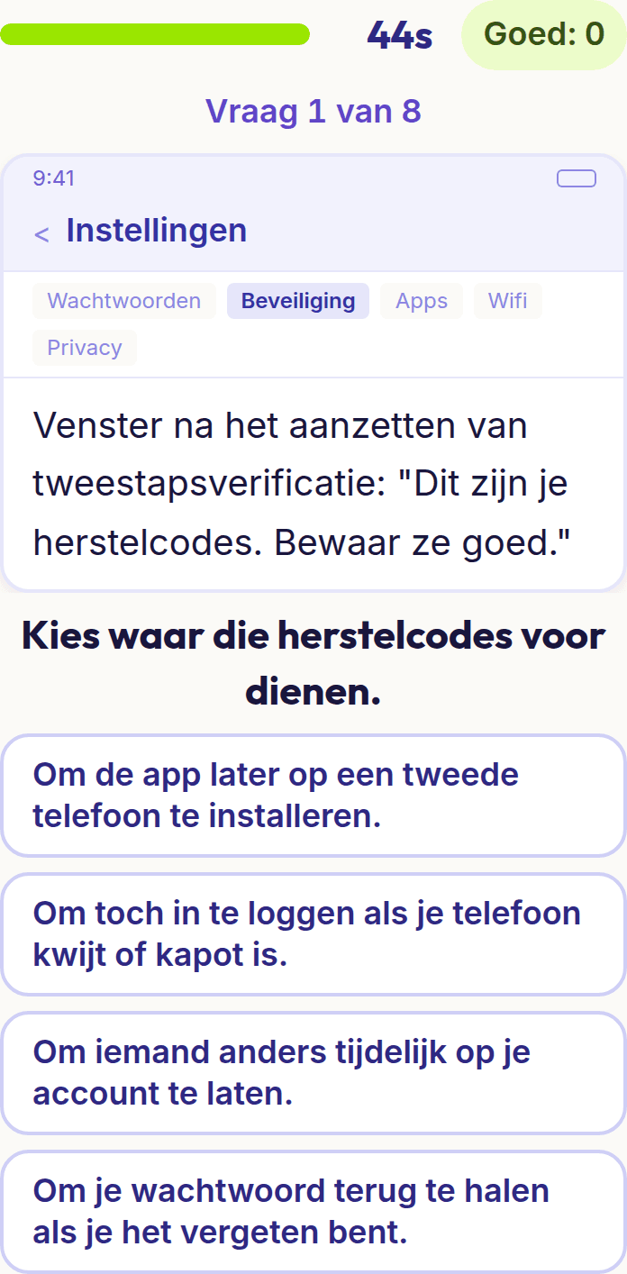 Een vraag uit Digitaal veilig op een telefoon: een melding op het instellingenscherm en vier antwoorden
