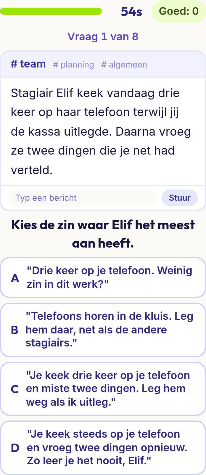 Een vraag uit Feedback geven en ontvangen op een telefoon: een werksituatie en vier reacties