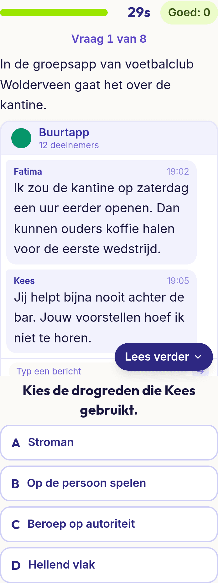 Een vraag uit Kritisch denken op een telefoon: een gesprek in een groepsapp en vier antwoorden