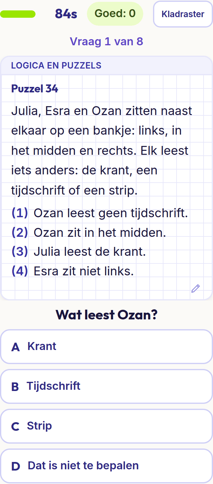 Een vraag uit Logica en puzzels op een telefoon: een logigram en vier antwoorden