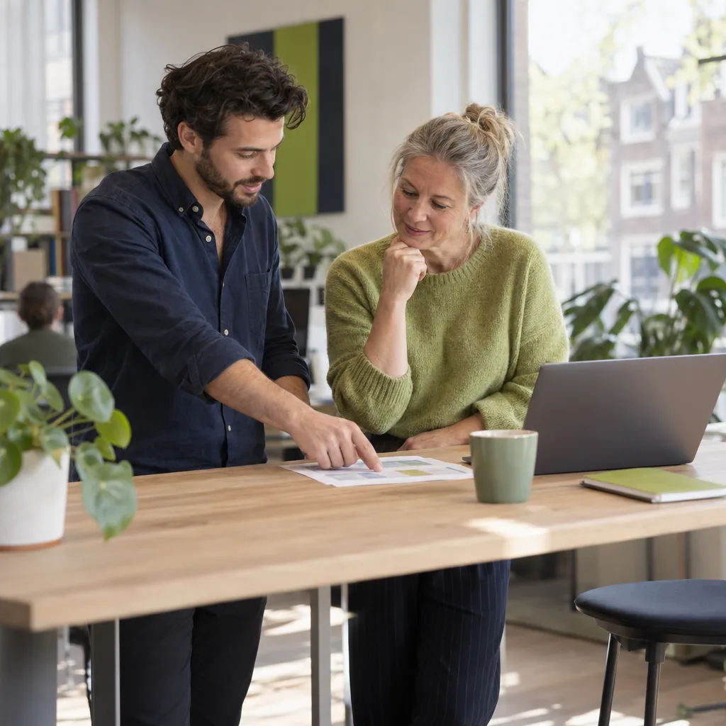 Twee collega’s aan een tafel bekijken samen een uitgeprint vel; hij wijst iets aan en zij denkt mee, met een laptop ernaast