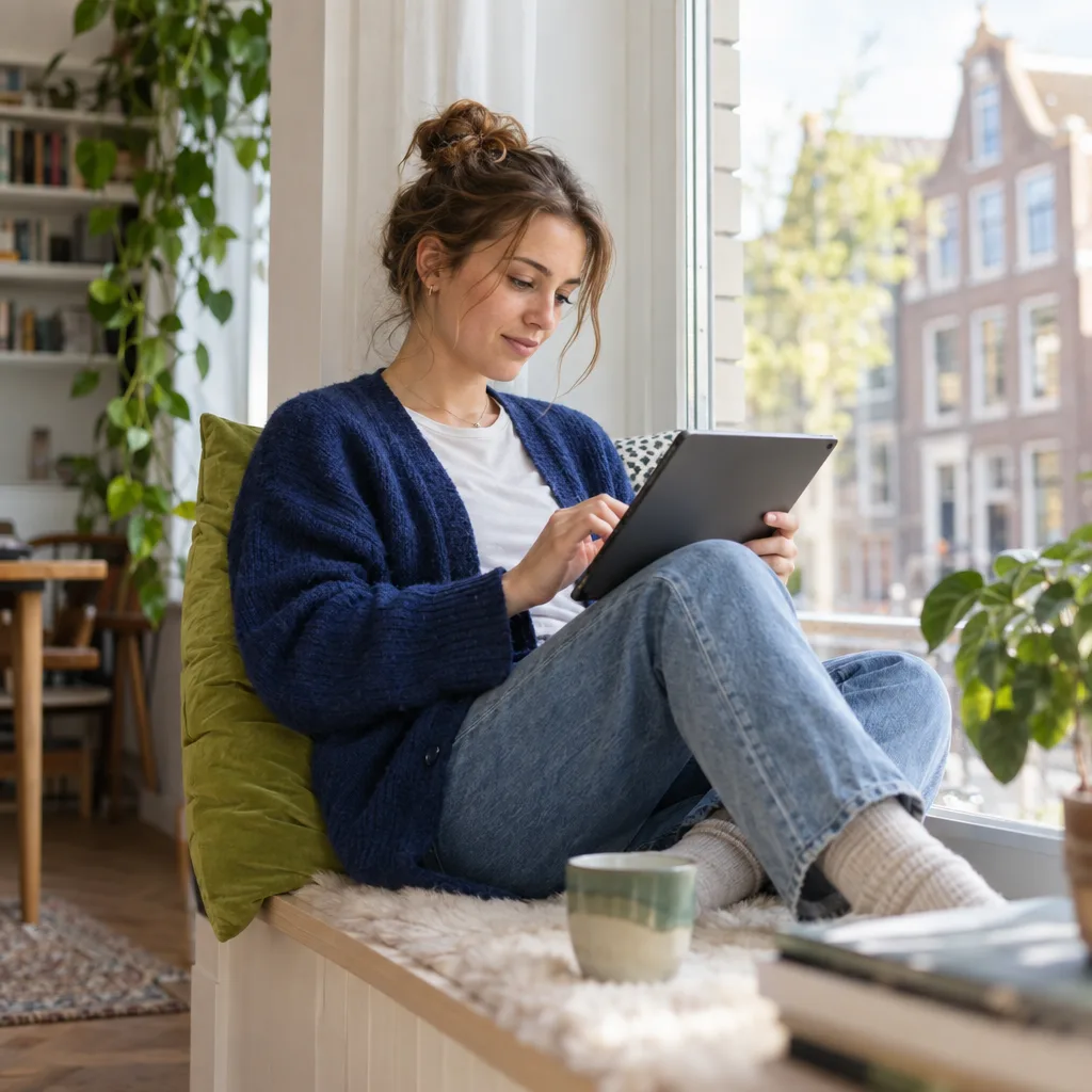 Een jonge vrouw in een blauw vest zit in de vensterbank met een tablet op schoot, met een kop koffie naast zich