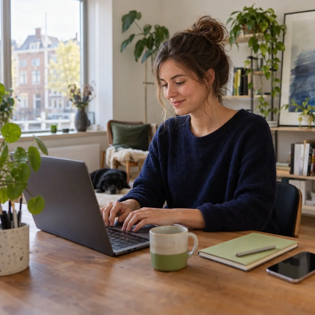 Een vrouw typt glimlachend op een laptop aan een houten tafel met planten om zich heen