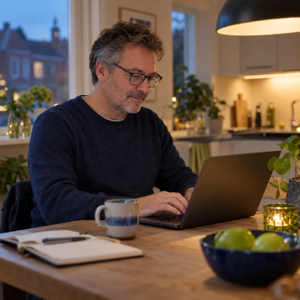 Een man met een bril oefent 's avonds aan de keukentafel op een laptop