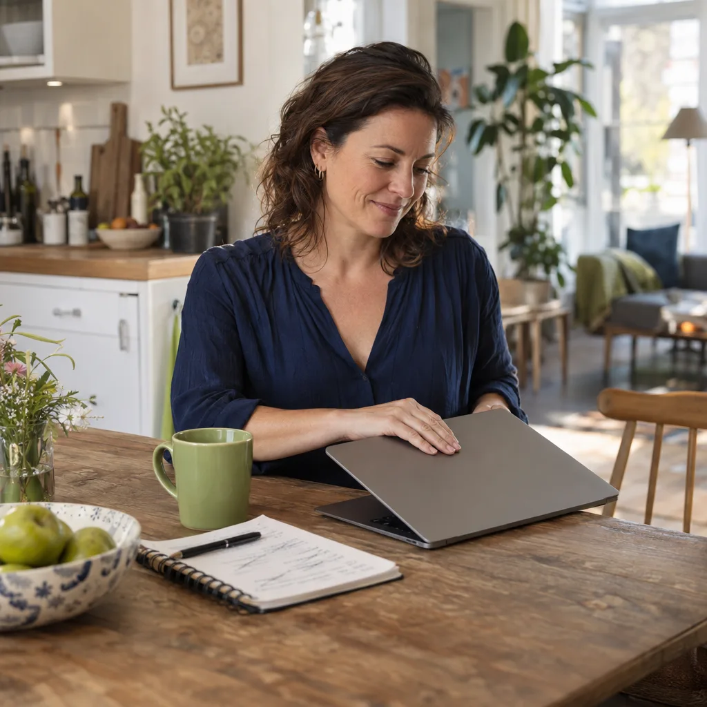 Een vrouw aan de keukentafel klapt met een kleine glimlach haar laptop dicht