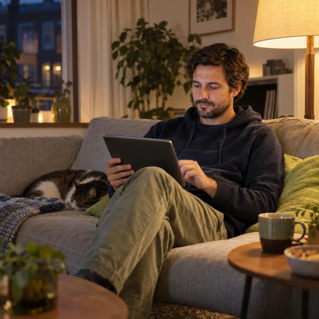 Een man op de bank oefent ’s avonds op een tablet, met een kop thee naast zich