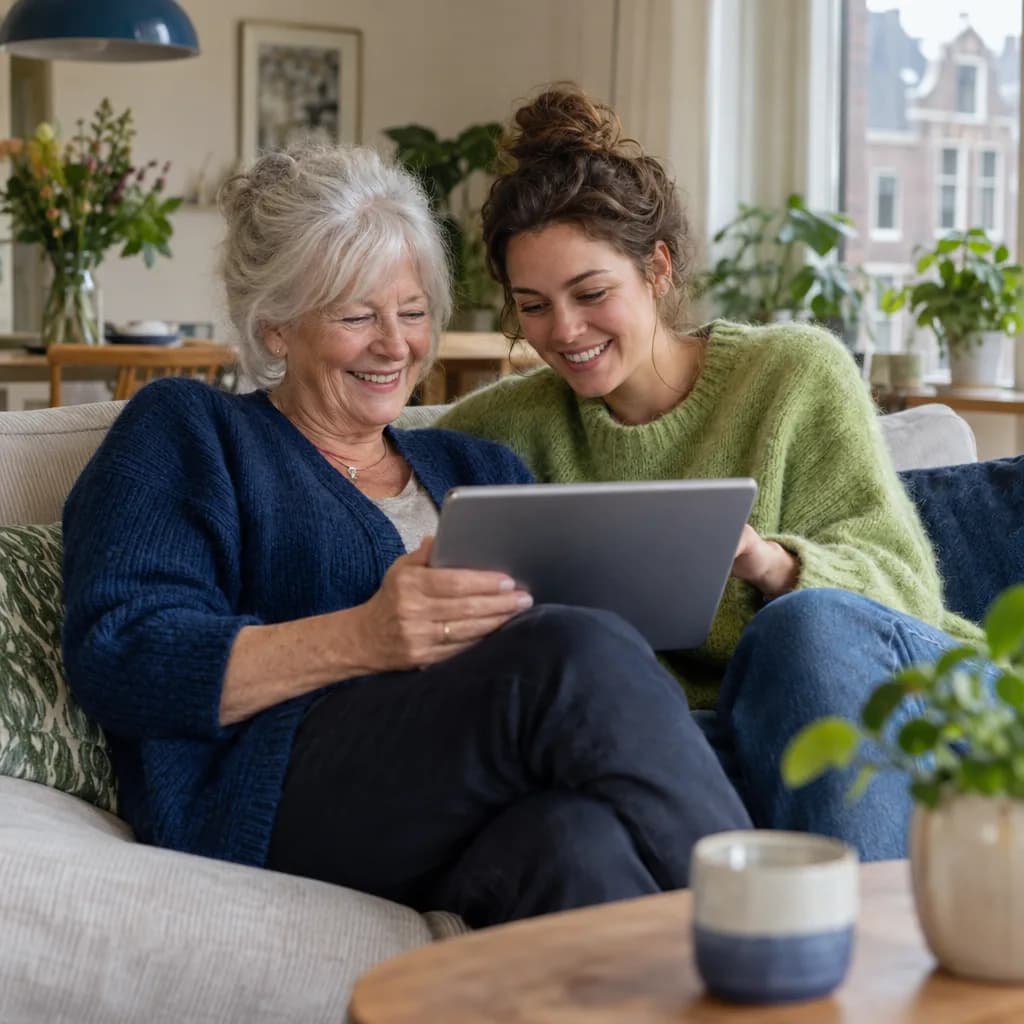 Twee vrouwen kijken lachend samen op een tablet op de bank