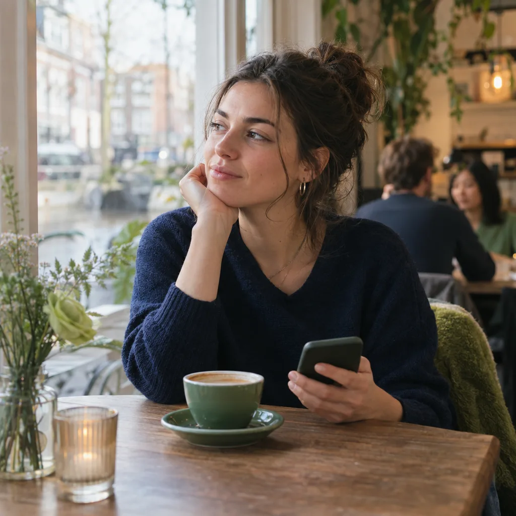 Een vrouw kijkt in een café op haar telefoon, met een kop koffie voor zich