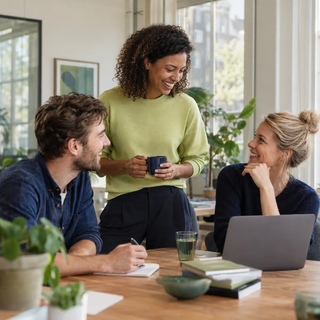 Drie collega's lachen samen na een overleg in een licht kantoor