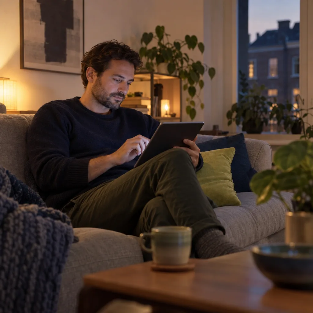 Een man oefent 's avonds thuis ontspannen op een tablet