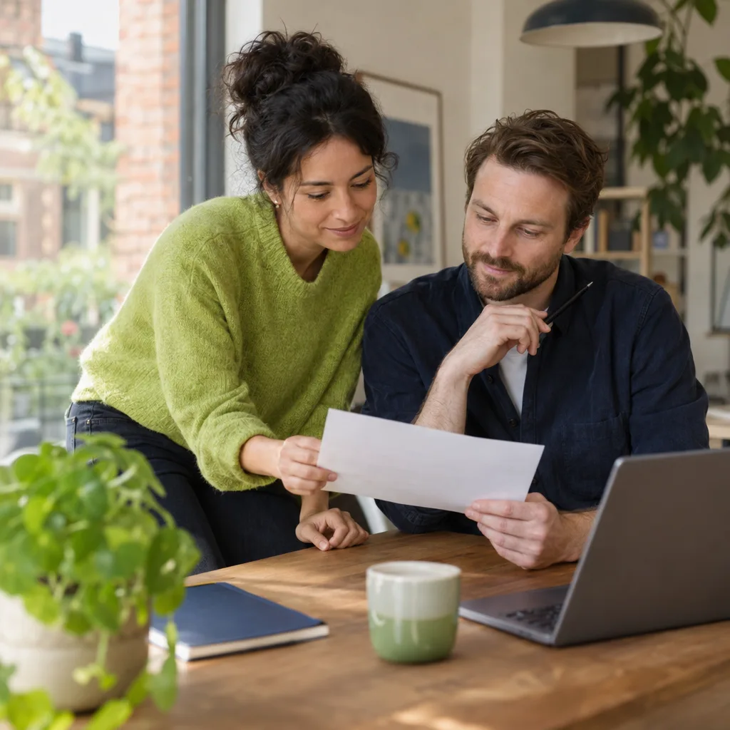 Een vrouw en een man lezen samen een geprinte tekst bij een laptop