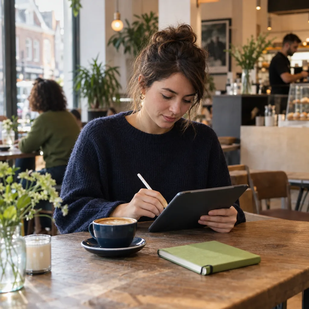 Een vrouw schrijft in een café op een tablet, met een kop koffie naast zich