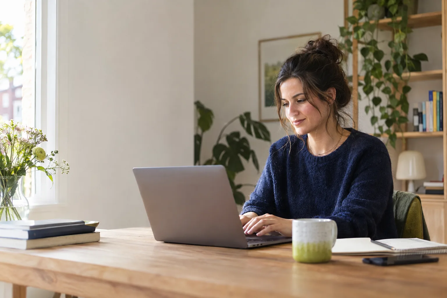 Een vrouw typt op een laptop aan een houten tafel en kijkt naar het scherm